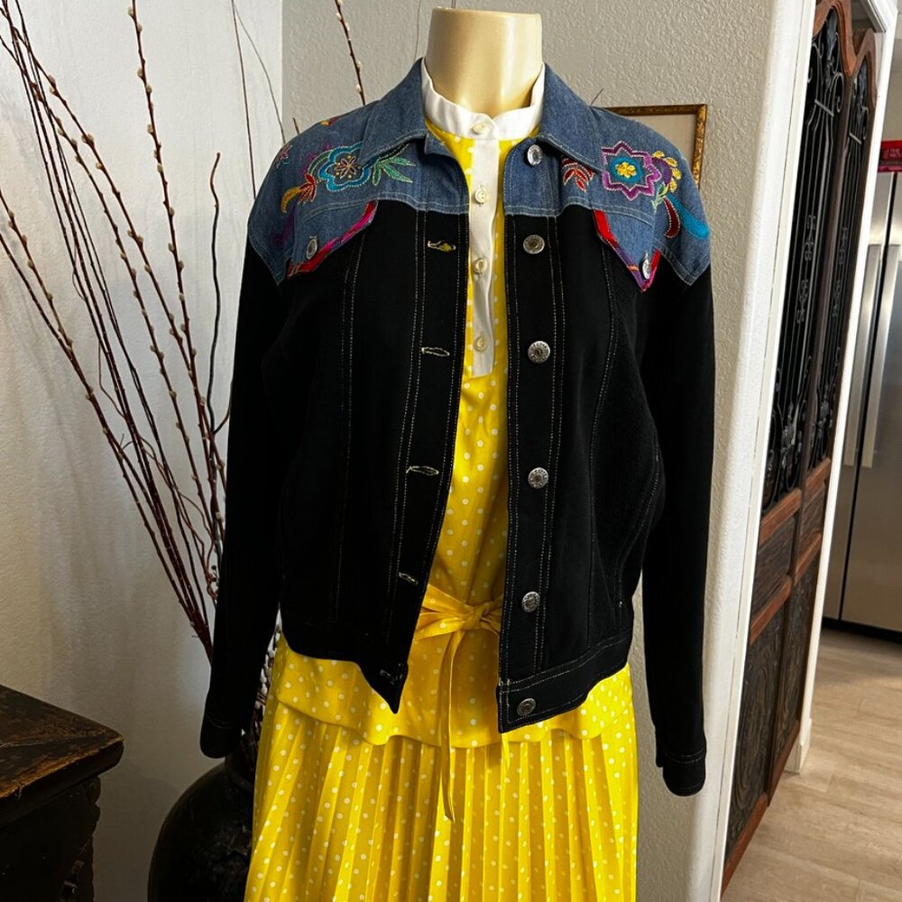 CAROLE LITTLE SPORT Black Knit w/Embellished Stitching on Denim Trim JACKET